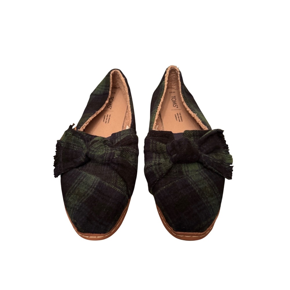 TOMS Women's Plaid Lined Slippers Flats‎ Bow Detail Green Black Size 9.5